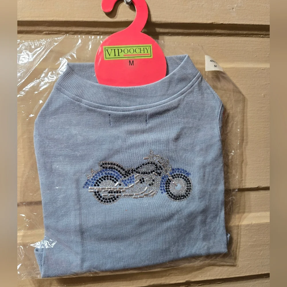 🌴VIPOOCHY Blue Bedazzled Motorcycle Dog Cat Shirt NIP Size: M
